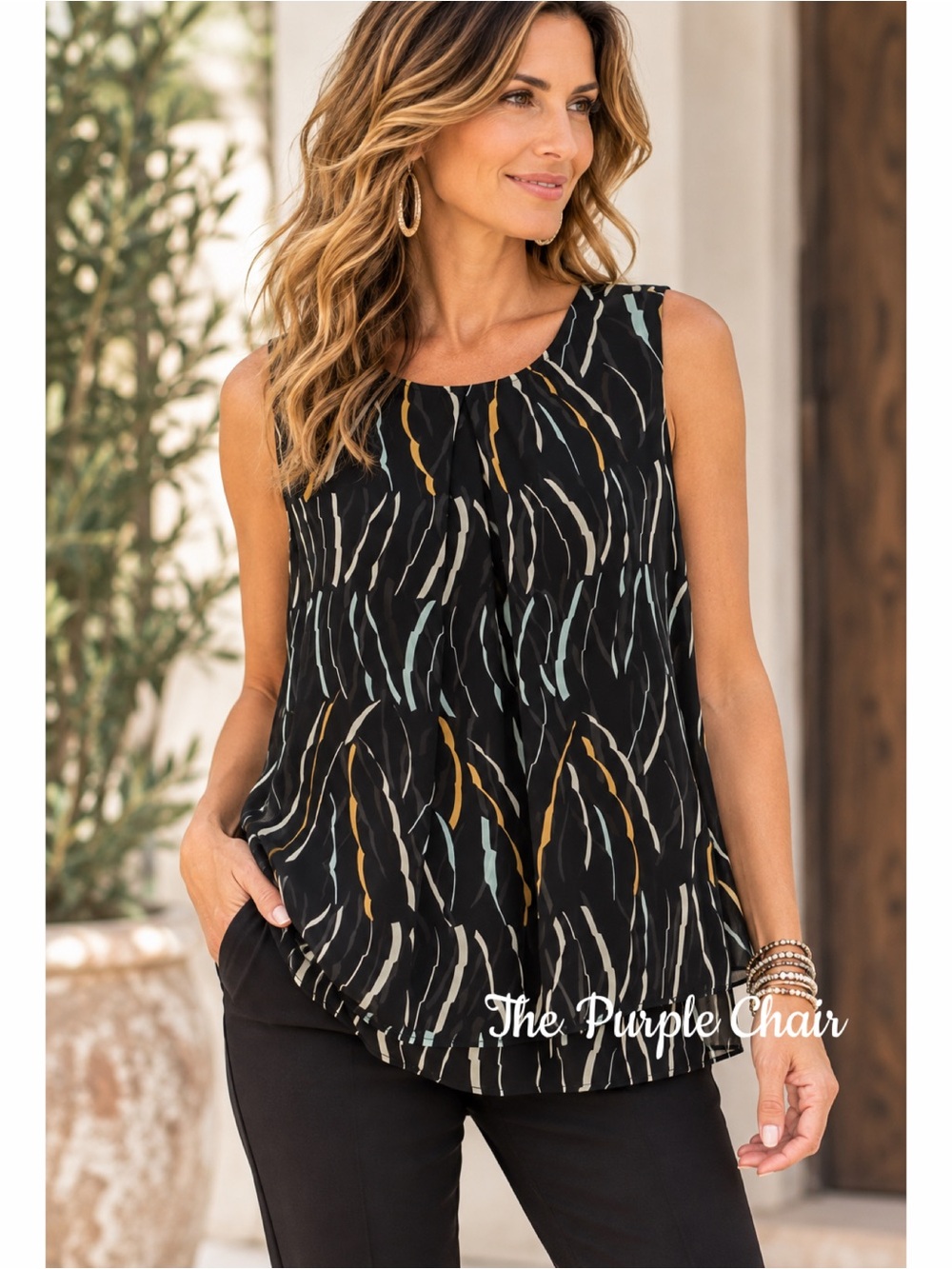 DONNA KARAN NWT Sleeveless Abstract Print Box Pleat Tiered Tie Back Top M